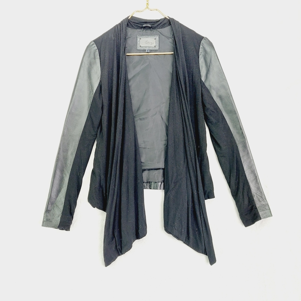 Line Black Lambskin Leather Long Sleeve Moto Cardigan Fall Spring Jacket P4114